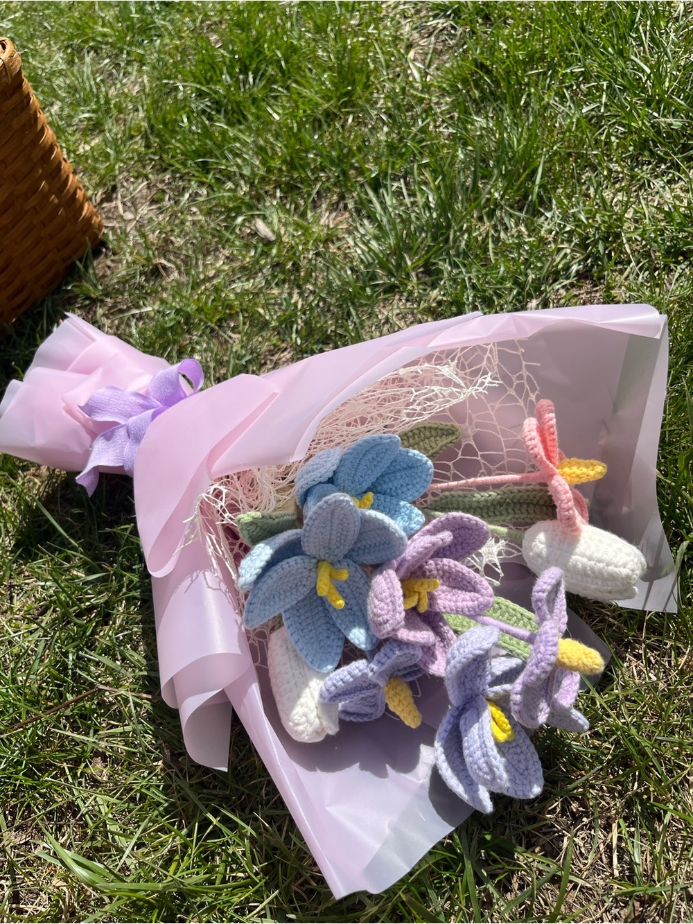Handmade Crochet Flower Bouquet - Pastel Lilac, Blue & Pink